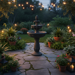 מזרקת מים חיצונית בעבודת יד, בעלת 3 קומות, מופעלת באנרגיה סולארית, עם קישוט אננס משרף, לעיצוב פטיו וחצר. - Product Image 1