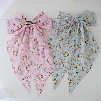 Printemps et été Long ruban arc printemps pince à cheveux fleur imprimé tissu arc cheveux accessoires pour femmes
