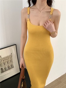 Abito a maglia con scollo all'americana GX-2026 per l'estate e la primavera, con scollatura quadrata <span class=keywords><strong>sexy</strong></span> e gonna a media lunghezza. - Product Image 2