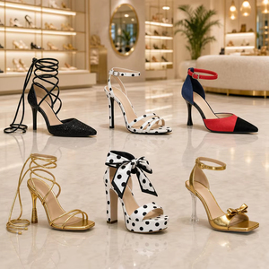 Nouvelles sandales d'été originales pour femmes à talon haut, avec bride de cheville, à lacets, à pois, nœud, bout carré, talon carré, en PU - Product Image 1