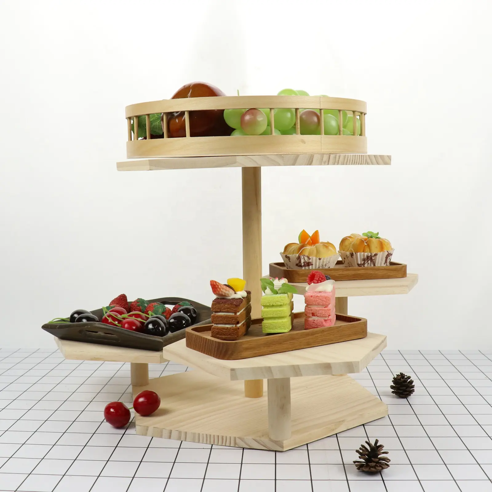 Многослойный поднос для фруктов из массива дерева, трехслойная подставка для торта в гостиной, деревянная витрина для фруктового торта