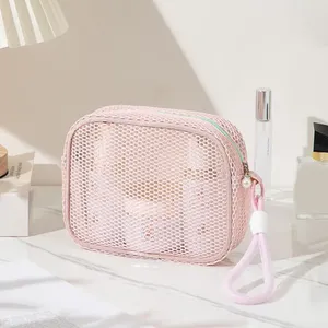 Portable Mesh Travel <b>Makeup</b> Bag Mini Grid <b>Storage</b> Breathable Zipper Cosmetic Pouch Compact Size Single Color - Product Image 3