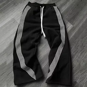 Custom High Quality Embroidered Logo Graphic Track Pants Wide Leg Design With Webbing Trim Oversized Nylon Flared Sweatpants