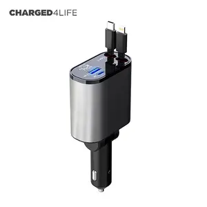 wholesalers 100W 4 in 1 Super Fast Charge Car Phone Charger,Retractable Cables (31.5 inch) and 2 USB Ports Car Charger Adapter