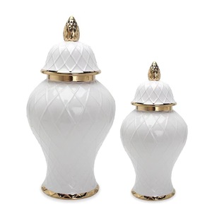 Décoration d'intérieur, vase à fleurs en céramique blanche glacée avec ligne dorée électro-plaquée, avec couvercle, pour mariage, hôtel, restaurants - Product Image 2