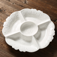 Assiette à dîner Dim Sum à cinq compartiments en relief en porcelaine jetable de style européen pour une utilisation en fête