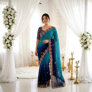 Sari Tradicional Indio para Mujer, Azul, de Seda, con Bordado Floral, Largo hasta el Suelo, Corte Regular, para India - Product Image 1
