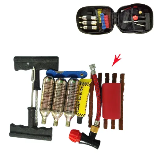 hand tool motorcycle Tubeless Tyre Repair Kit with Co2 Cartridge+Tire Strings+cement+release and carry bag for Isuzu