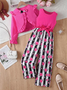 2025 осенний детский розовый кардиган с оборками и длинным рукавом + комбинезон в полоску с цветочным принтом - Product Image 3