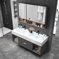 Set Perabot Kayu Solid Meja Rias Kamar Mandi Gantung dengan Wastafel Ganda dan Permukaan Marmer