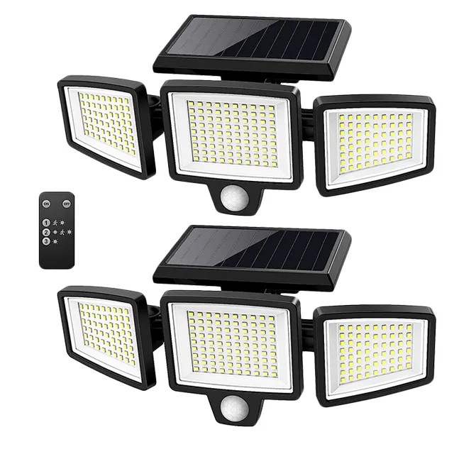 Lampes d'extérieur solaires télécommandées à 3 têtes avec détecteur de mouvement IP65 étanche 270 appliques murales grand angle avec 3 modes