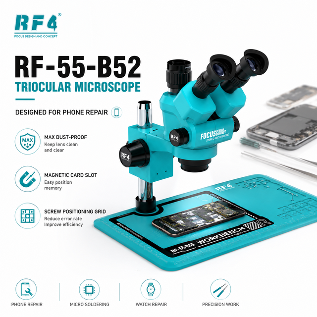 RF4 RF-55-B52 Trinocular Stereo Microscope with Large Workbench for Phone Repair PCB Inspection and Micro Soldering