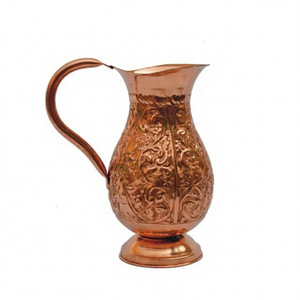 Carafe à eau artisanale en cuivre pur avec motif en relief, poignée en métal écologique, style moderne, bienfaits ayurvédiques pour la santé - Product Image 1