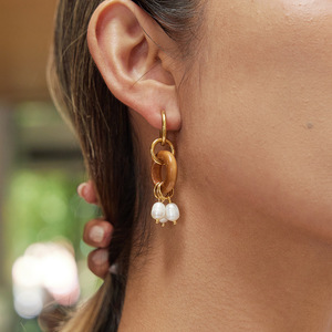 ต่างหูมุกน้ำจืดประดับพู่ห้อยไม้ ดีไซน์วงแหวนสแตนเลสทรงเรขาคณิต สำหรับใส่ทุกวัน - Product Image 2