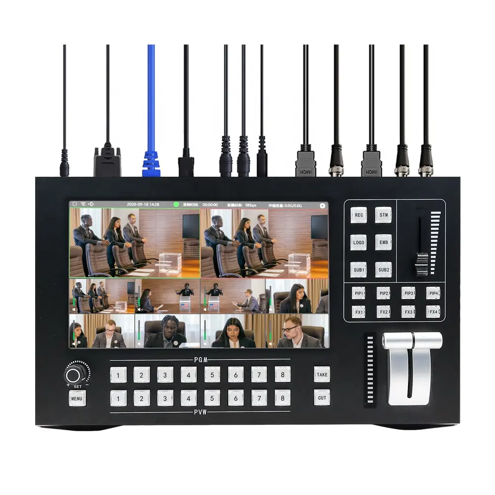 Switcher video senza soluzione di continuità a 8 canali streaming, streaming live hdmi SDI RTMP switcher mixer video telecamera multi-rete