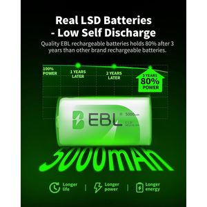 For EBL High Capacity 5000mAh Ni-MH <b>Rechargeable</b> C <b>Batteries</b> Pack of 4 New Retail Package for Flashlights and Toys - Product Image 4