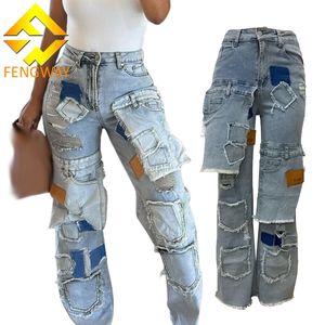 All'ingrosso Jeans Cargo traspiranti personalizzati per donna primavera stagione <span class=keywords><strong>pantaloni</strong></span> in Denim piatto frontale <span class=keywords><strong>con</strong></span> tecniche di lavoro strappate - Product Image 1
