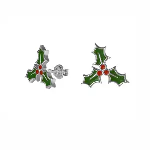 Custom Trendy Enamel Silver Mistletoe Accents Holly Berry Earrings Gift for Christmas Enamel Kids Stud Earrings