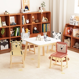 Ensemble de table et chaises en bois pour enfants, 5 pièces, avec design d'animaux de dessin animé, caractéristiques de sécurité, style moderne, pour l'école et l'hôtel (3-8 ans) - Product Image 1