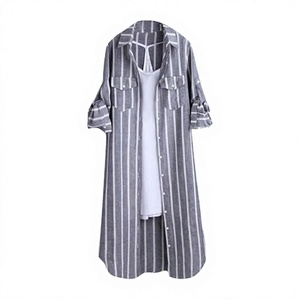 Hot Sale Striped Long Shirt <b>Dress</b> With Pockets Turn-down Collar short sleevs casual Spring/Summer Breathable Long Jacket T-Shirt - Product Image 3