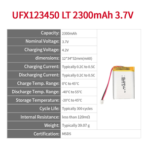 <span class=keywords><strong>3.7V</strong></span> 2300mAh 리튬 배터리 모델 UFX123450 LT 고용량 리튬 이온 셀 LiCoO2 음극 500 사이클 블루투스 장치 소형 - Product Image 2