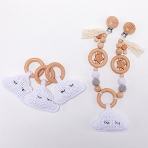 Accessoires de pendentif pour attache-sucette de tapis de jeu pour bébé, faits main, en laine, anneau en bois, crochet, motif nuage souriant, pour cadeau DIY - Product Image 1