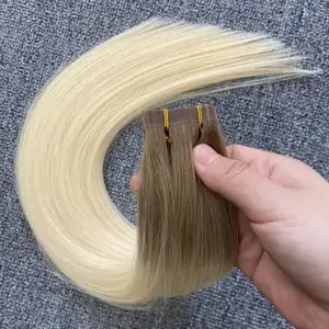 Venta al por mayor de lujo doble dibujado cutícula alineada virgen rusa cinta de donante único en 100% extensiones de cabello 18 pulgadas de cabello humano