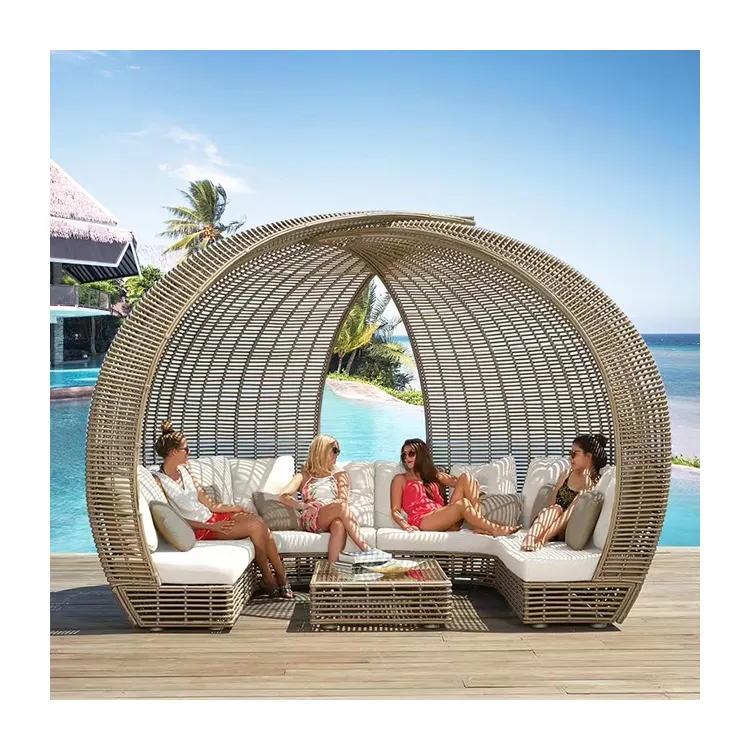 Mobili da giardino lettino da sole in rattan popolare divano letto in metallo design lettino rotondo da esterno