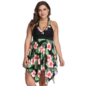 Traje de baño de talla grande para mujer, conjunto de dos piezas con cuello halter y corte en A, cintura elástica, estampado floral, vestido de playa, traje de baño de talla grande - Product Image 5