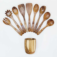 Ensemble de 10 ustensiles de cuisine en bois de teck naturel avec porte-cuillères pour la cuisine