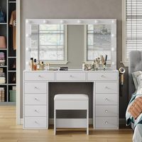 Table de maquillage moderne et exclusive pour chambre à coucher, avec grand rangement, miroir éclairé et panneau en acier inoxydable