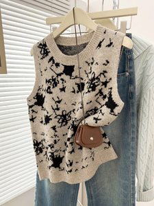 <b>Women</b> Abstract Ink Splatter Print Knit Sweater Vest Loose Sleeveless Round Neck <b>Waistcoat</b> Fall Winter Layering Outerwear OEM ODM - Product Image 3