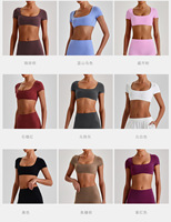 Haut de sport court pour femme, col carré, grande taille, séchage rapide, manches courtes, doux, extensible, coupe ajustée, pour la gym et l'entraînement