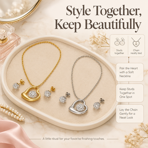 Ensemble de bijoux en acier titane couleur or et argent avec pendentif cœur en strass et boucles d'oreilles, vente en gros - Product Image 2