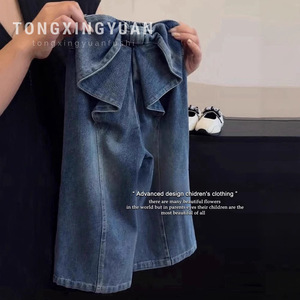 Girls Korean Style Bow Knot Denim Pants Blue Cotton Woven Childrens Pants Spring Fashion - Product Image 3