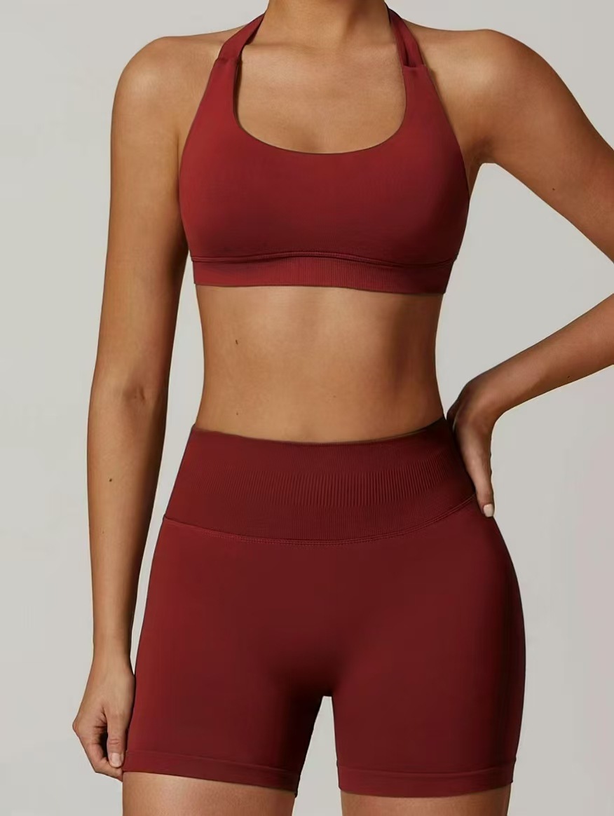 European American Halter Yoga Set Women Seamless Breathable Solid High Waist Tight-Fitting Spandex/Nylon Versatile Fitness