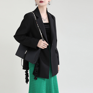 Traje negro con cuentas de flores de moda, chaqueta de mujer sólida de retazos con abertura lateral - Product Image 3