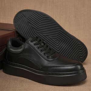 Men Round Toe Cow <b>Leather</b> Height Increasing <b>Sneakers</b> Autumn Rubber Outsole EVA Midsole Lightweight Casual Shoes - Product Image 1