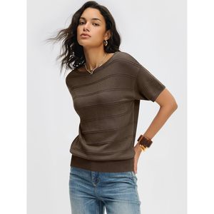 FOXA Suéter de manga corta para mujer, cuello barco de ganchillo, top informal ligero, ropa de verano para vacaciones en la playa - Product Image 4