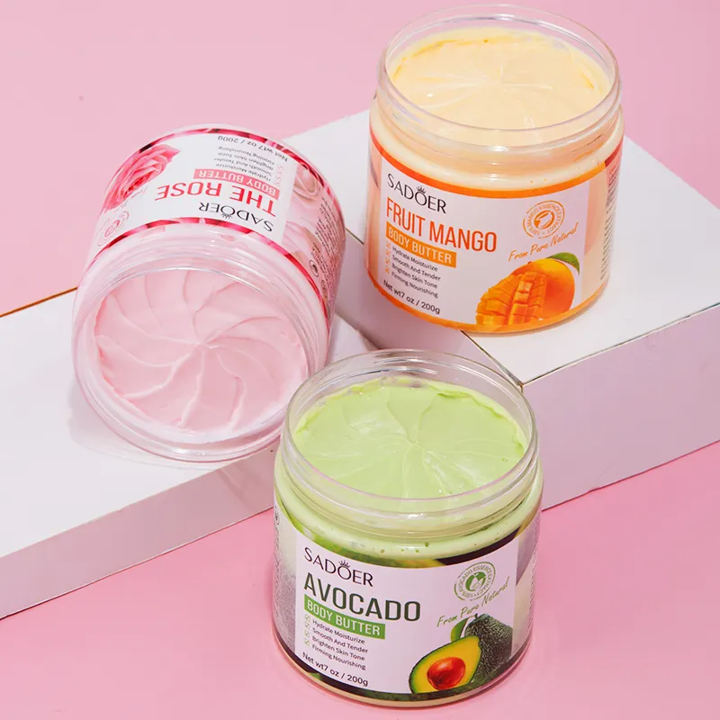 OEM SADOER-Crema de loción corporal para el cuerpo, crema blanqueadora de mango de aguacate rosa de etiqueta privada, brillante, hipped, mantequilla de té, mantequilla