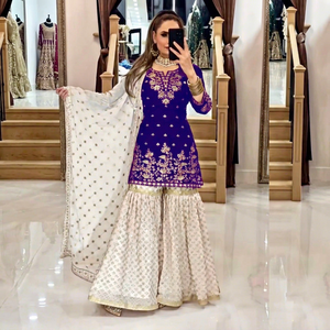 Ensemble Kurta brodé violet pour femme avec palazzo et dupatta blanc cassé, orné de sequins dorés, idéal pour mariage - Product Image 1
