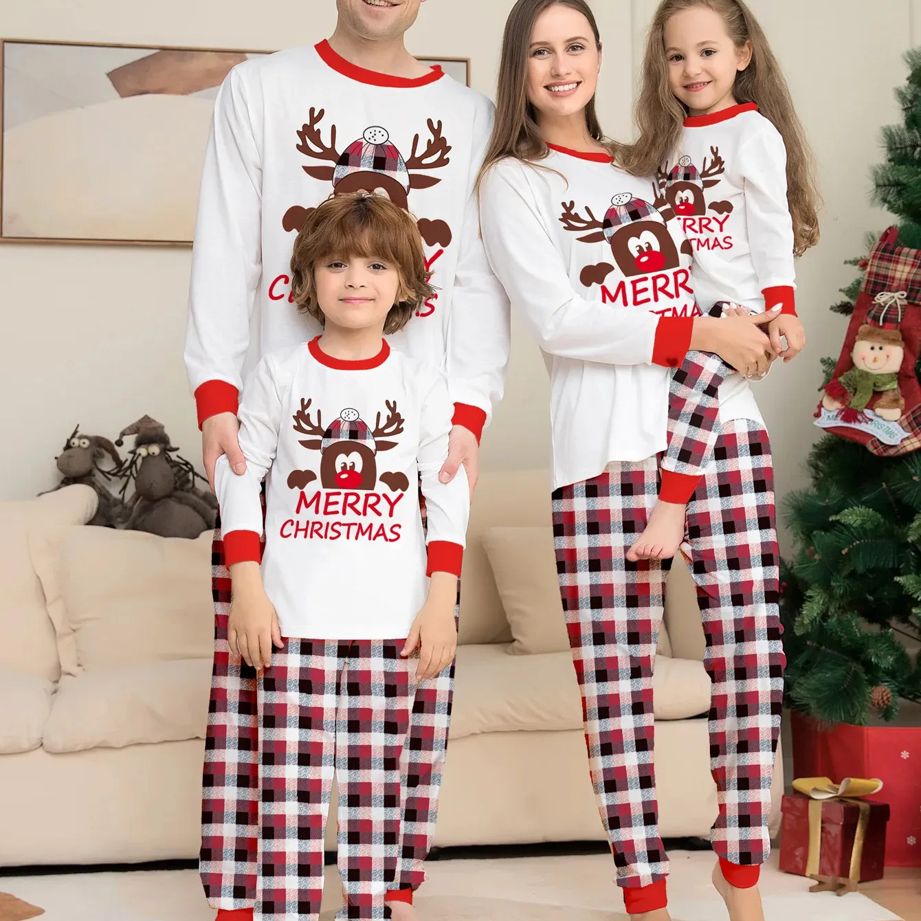 In Voorraad Geruit Patroon Mama Papa Kid Xmas Pjs Pyjama Bijpassende Vrolijke Kerst Familie Sets Met Lange Mouwen