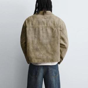 OEM Cotton Polyester Vintage <b>Denim</b> <b>Jacket</b> Washed Distressed Stand Collar Zip Up Casual Flight Style Autumn Bulk <b>Men</b> <b>Denim</b> <b>Jacket</b> - Product Image 2