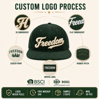 Casquette de baseball personnalisée en velours côtelé à visière plate, 6 panneaux, avec broderie script et sangle en cuir réglable, vente en gros, OEM, faible MOQ