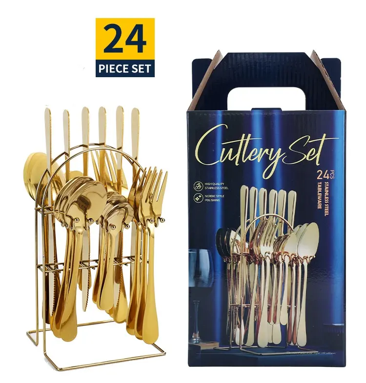 Factory Wholesale Best Selling Stainless Steel Knife Fork Spoon set 24 pcs Gold Flatware Luxury Cutlery Set With Stand