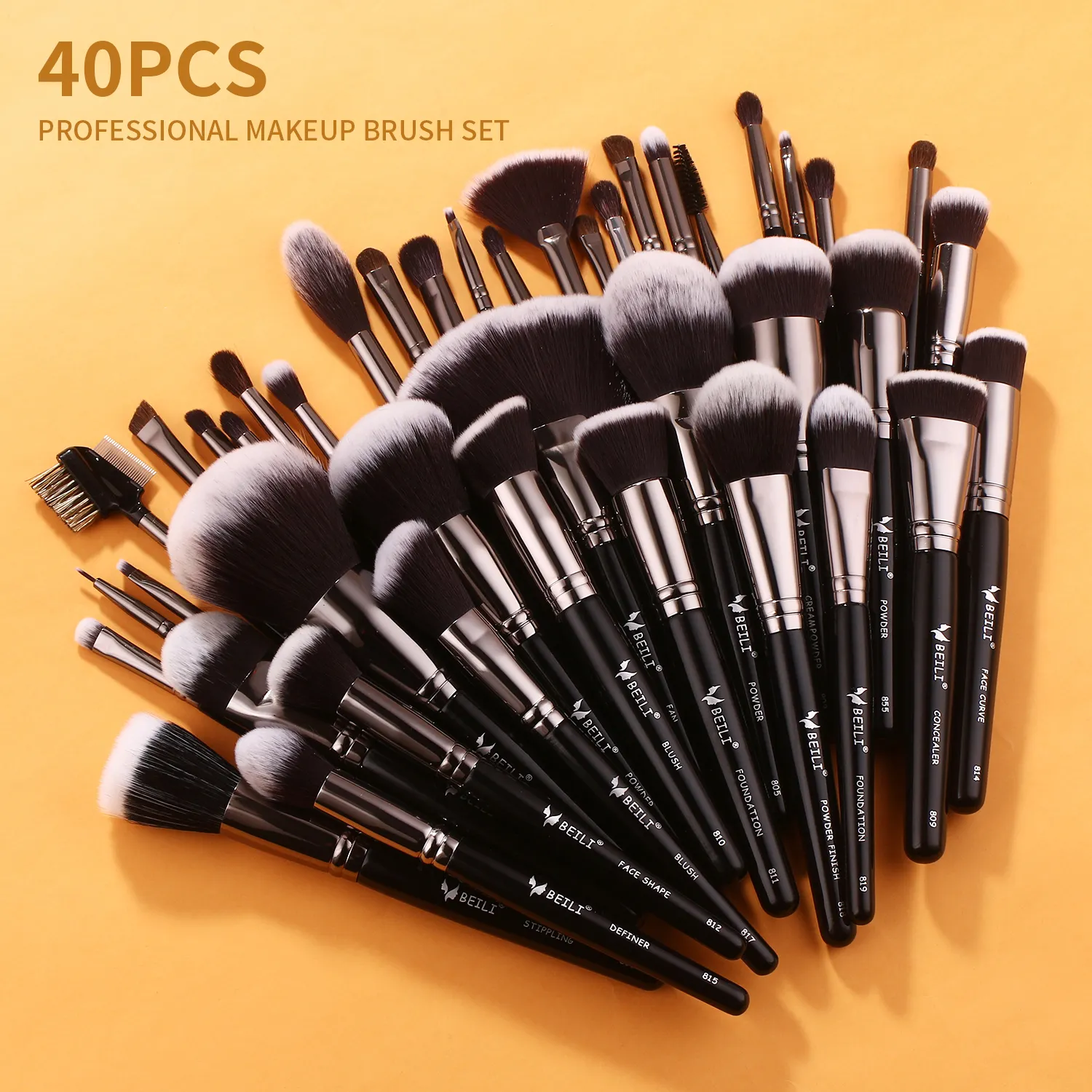 BEILI Pro black makeup brush set powder foundation cosmetic tool set pinceaux maquillage private label makeup brushes 40pcs