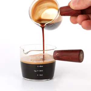 Heat-resistant Glass Measuring Cup Espresso Coffee Milk ounce Cup with Wooden Handle Espresso Measuring Cup Wooden