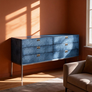 Cassettiera di Lusso Blu Texturizzata Stile Wabi-Sabi, Comò Moderno con Gambe in Metallo, Mobile in Legno con Sei Cassetti per Soggiorno - Product Image 3
