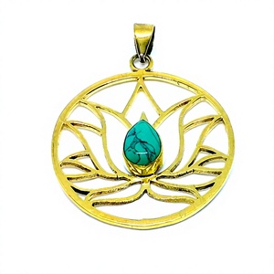 Classic Brass Lotus Pendant Necklace for Women with Turquoise Stone Bezel Setting Gift - Product Image 2