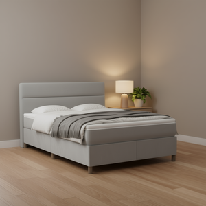 Moderno letto matrimoniale con struttura in legno ingegnerizzato rivestito in velluto grigio chiaro, stile contemporaneo - Product Image 2